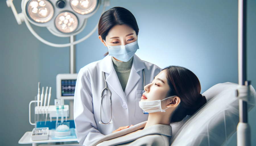 DALL·E 2023-12-17 13.37.58 - In a modern medical clinic, a doctor specializing in aesthetic medicine, who is a middle-aged Asian woman wearing a white coat and a surgical mask, is.png